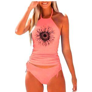 Womens XL Sunflower High-Neck Coral 2 Pc Bikini Set Adjustable Side Ties Beach